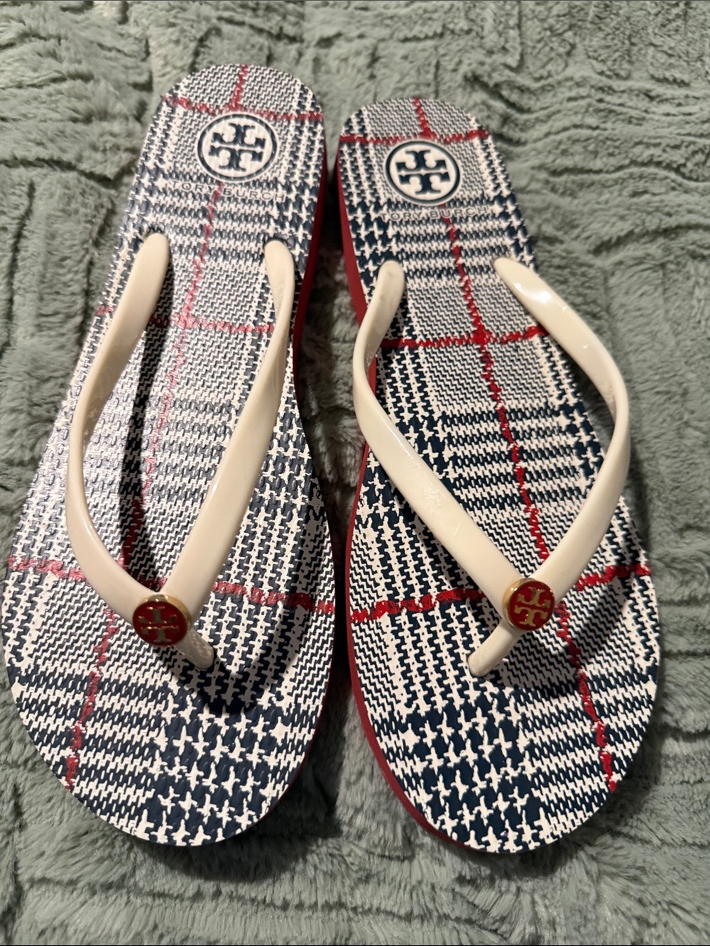 Tory Burch Navy, Red & Cream Plaid Flip Flop Sandals